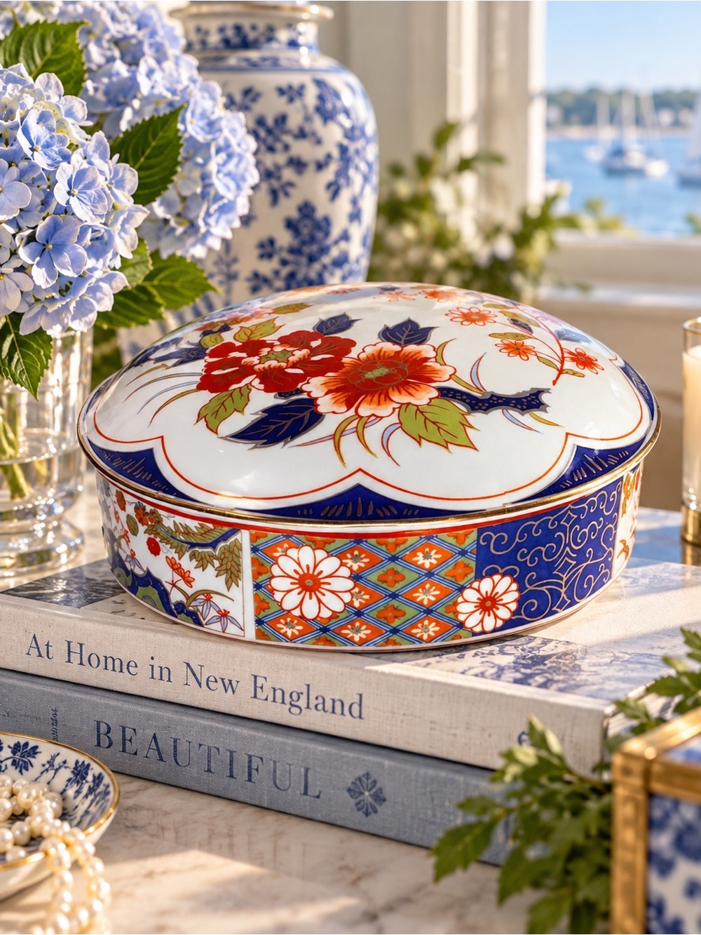 Vintage Japanese Imari Porcelain Covered Box 7” | Floral Cobalt Red Gold Lidded